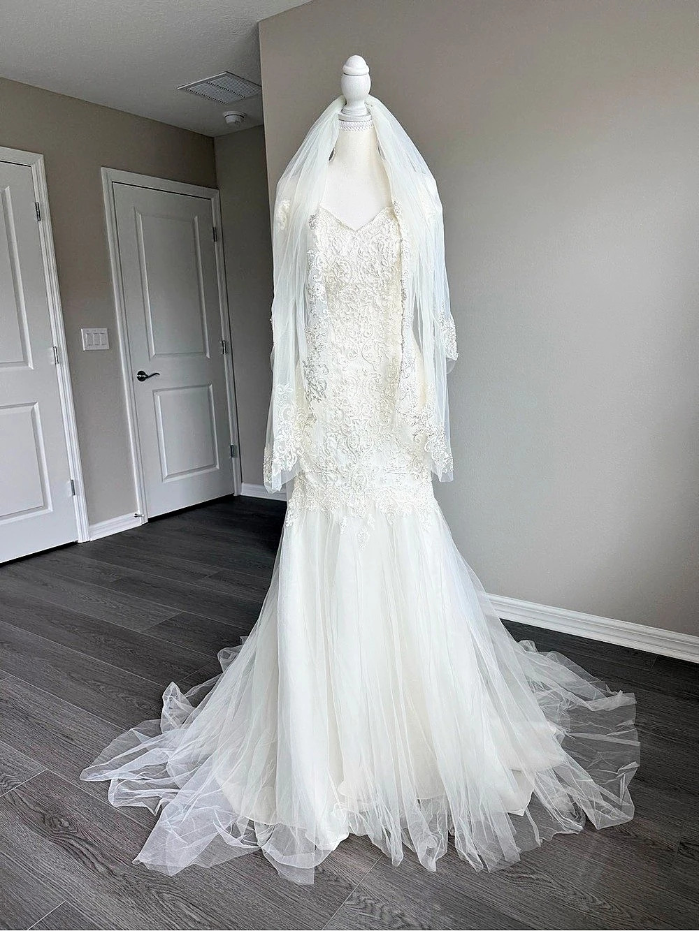 David’s Bridal Lace Mermaid Wedding Dress Size 2 with Veil & Garment Bag